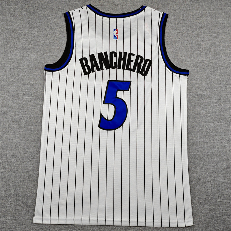 Men's Orlando Magic #5 Paolo Banchero White Stripe Basketball Jersey
