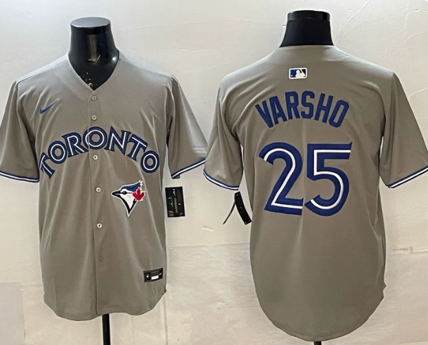 Men's Toronto Blue Jays Daulton Varsho #25 Gray Road Nike Replica Jersey