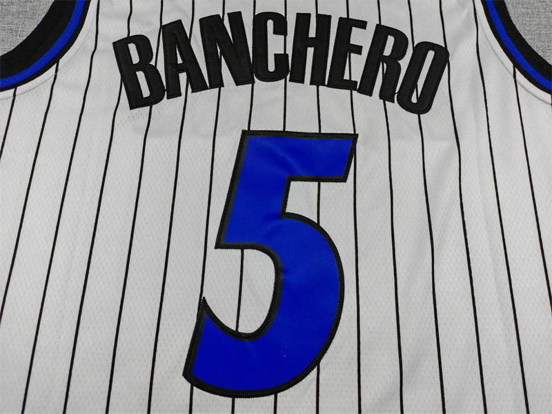 Men's Orlando Magic #5 Paolo Banchero White Stripe Basketball Jersey
